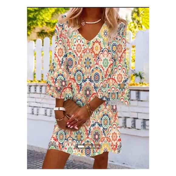 Chic Dress 3/4 Length Sleeve Multicolor Casual Summer Mini Dress Blue Orange - Picture 2 of 10
